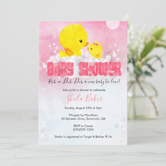 Rubber Ducky Baby shower Invitation | Girl Duckie Kaart (Staand voorkant)