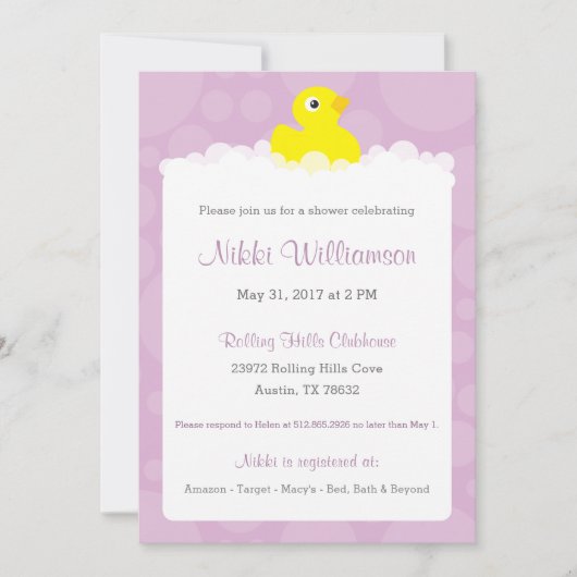 Rubber Ducky Baby shower Invitation - Lila Kaart (Voorkant)