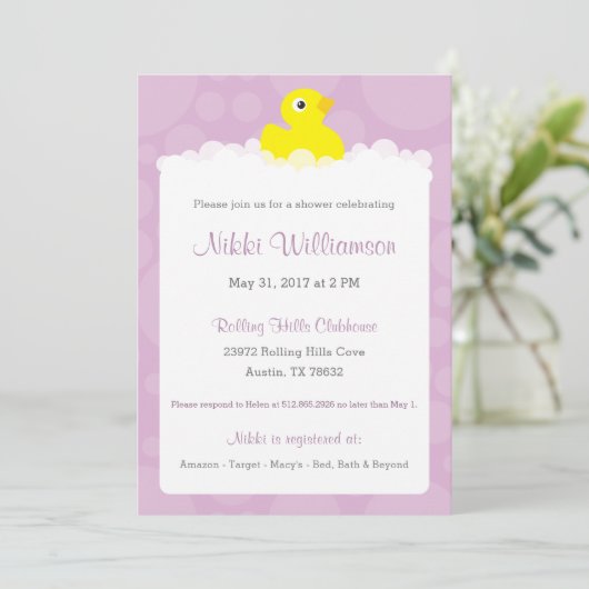 Rubber Ducky Baby shower Invitation - Lila Kaart (Staand voorkant)