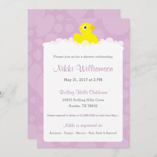 Rubber Ducky Baby shower Invitation - Lila Kaart (Voorkant / Achterkant)