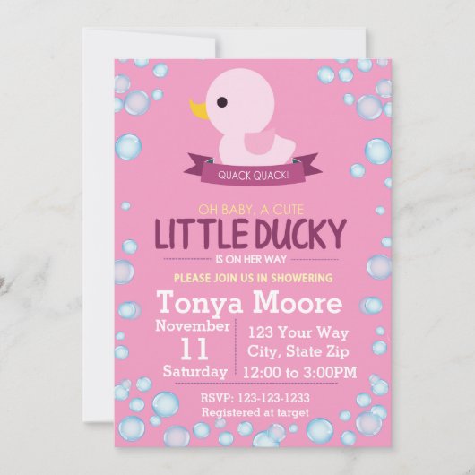 Rubber Ducky Baby shower Invitation (meisje) Kaart (Voorkant)