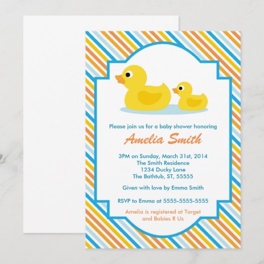 Rubber Ducky Baby shower Invitation - Unisex, Boy Kaart (Voorkant / Achterkant)