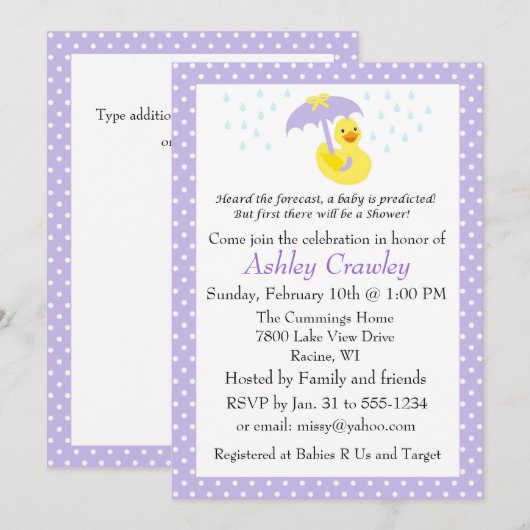 Rubber Ducky Baby shower nodigt paars uit - pas aa Kaart (Voorkant / Achterkant)