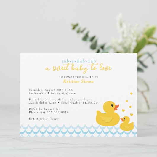 Rubber Ducky Baby shower Uitnodiging | Blauw bad (Staand voorkant)