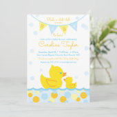 Rubber Ducky Baby shower Uitnodiging blauw & geel (Staand voorkant)