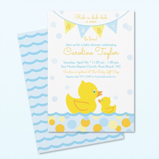 Rubber Ducky Baby shower Uitnodiging blauw & geel