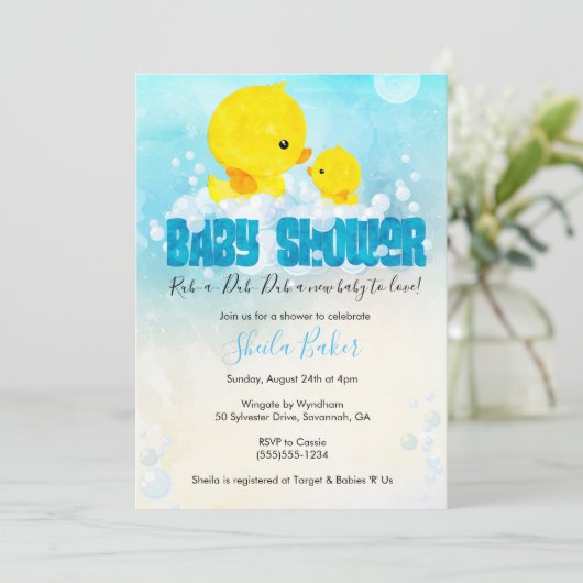 Rubber Ducky Baby shower Uitnodiging | Duckie Bath (Staand voorkant)