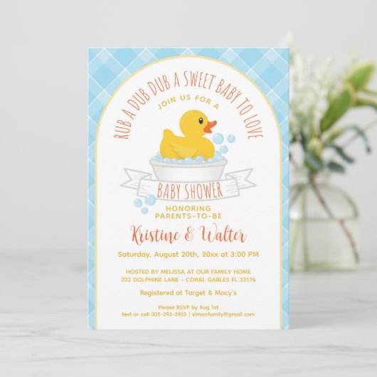 Rubber Ducky Baby shower Uitnodiging | geel bad (Staand voorkant)