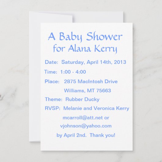 Rubber Ducky Baby shower-uitnodiging Kaart (Achterkant)