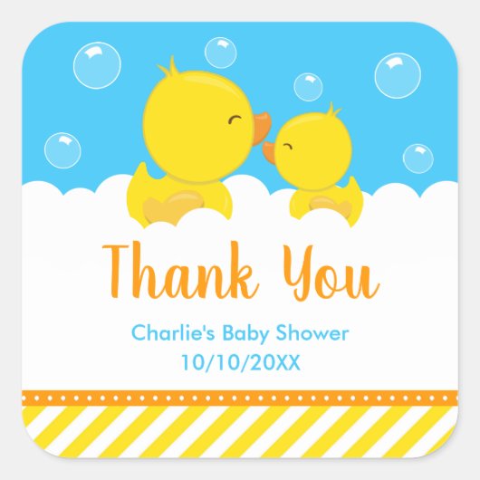 Rubber Ducky Baby shower Yellow Blue Dank je Vierkante Sticker (Voorkant)
