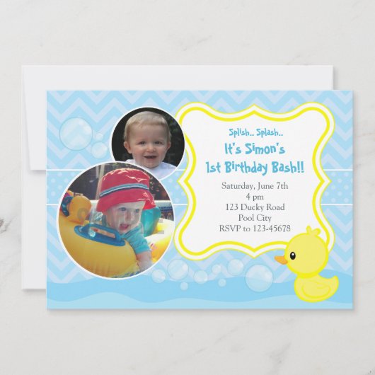 Rubber Ducky Birthday Uitnodiging met twee foto's (Voorkant)