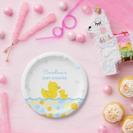 Rubber Ducky Blauw & Geel Baby shower Papieren Bordje (Feest)