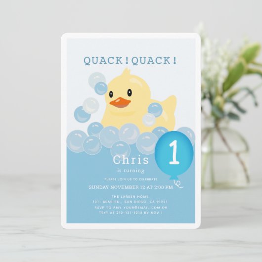 Rubber Ducky Blue Boy 1e verjaardag Kaart (Staand voorkant)