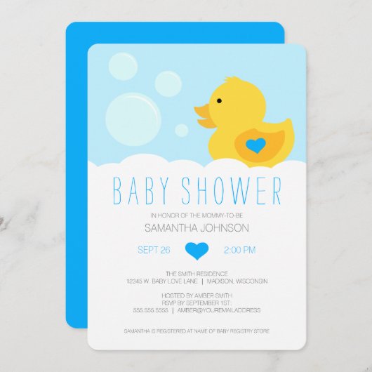 Rubber Ducky Blue Boy Baby shower Invitation Kaart (Voorkant / Achterkant)