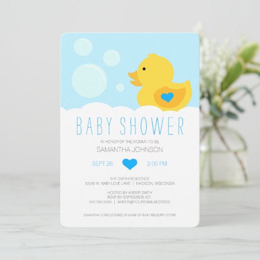 Rubber Ducky Blue Boy Baby shower Invitation Kaart (Staand voorkant)