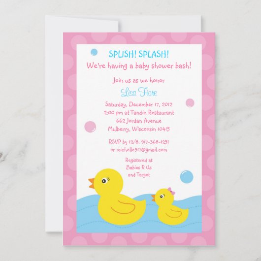 Rubber Ducky Duck Girl Baby Shower Invitaties Kaart (Voorkant)