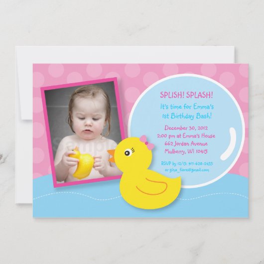 Rubber Ducky Duck Girl Foto Birthday Invitations Kaart (Voorkant)