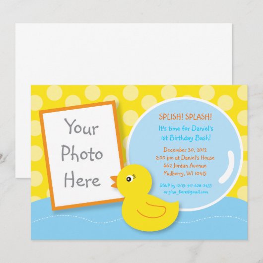 Rubber Ducky Duck Photo Birthday Invitations Kaart (Voorkant / Achterkant)