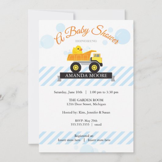 Rubber Ducky Dump Truck Baby shower Invitation Kaart (Voorkant)