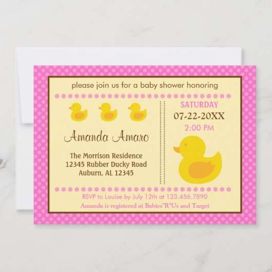 Rubber Ducky Girl Baby shower Invitation Kaart (Voorkant)