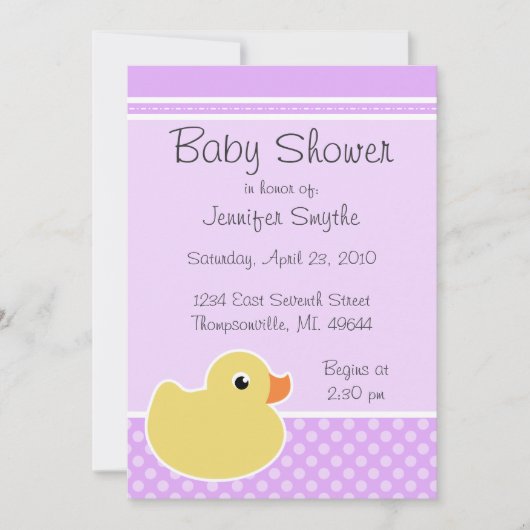 Rubber Ducky Paarse Baby Shower Invitaties Kaart (Voorkant)