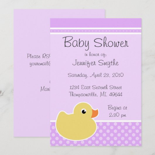 Rubber Ducky Paarse Baby Shower Invitaties Kaart (Voorkant / Achterkant)