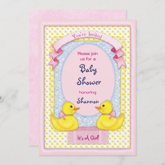 Rubber Ducky Roze Douche Uitnodiging (Voorkant / Achterkant)