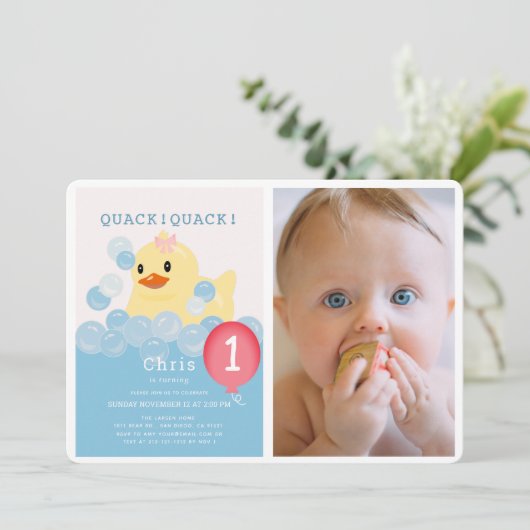 Rubber Ducky Roze Meisje Foto 1e verjaardag Kaart (Staand voorkant)