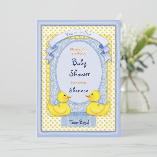 Rubber Ducky Twin Boys Douche Uitnodiging (Staand voorkant)