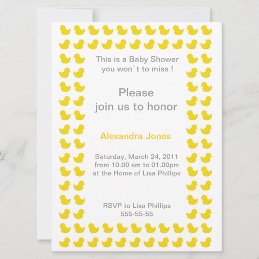 Rubber Ducky-uitnodiging voor Baby shower geel Kaart (Voorkant)