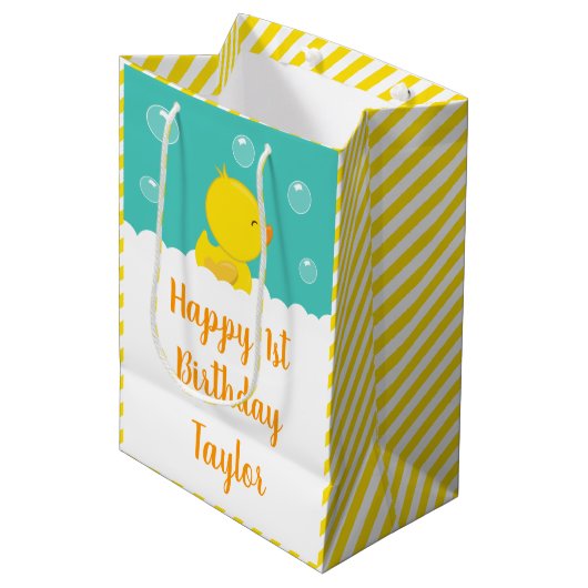 Rubber Ducky Yellow and Green Happy Birthday Medium Cadeauzakje (Voorkant Gekanteld)