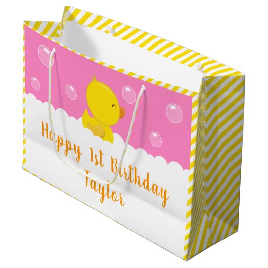 Rubber Ducky Yellow and Pink Happy Birthday Groot Cadeauzakje (Voorkant Gekanteld)