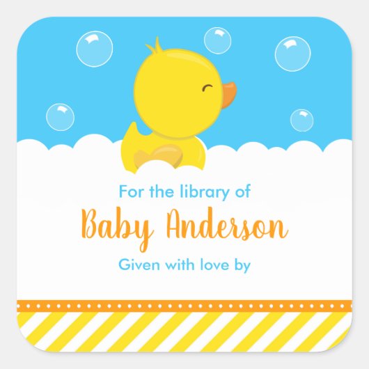 Rubber Ducky Yellow Blue Baby Library Bookplaat Vierkante Sticker (Voorkant)