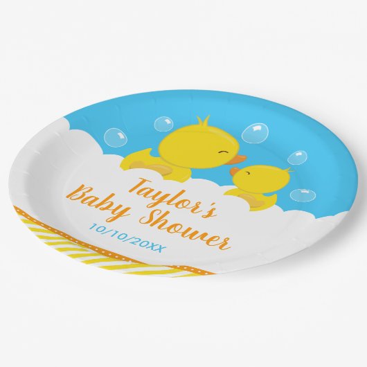 Rubber Ducky Yellow en Blue Baby shower Papieren Bordje (Gekanteld)
