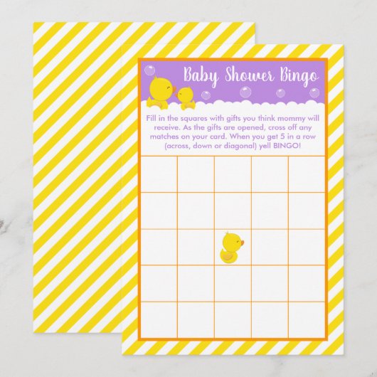 Rubber Ducky Yellow en Paars Baby shower Bingo Kaart (Voorkant / Achterkant)
