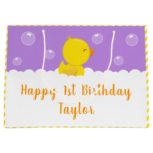 Rubber Ducky Yellow en Paars Happy Birthday Groot Cadeauzakje (Voorkant)