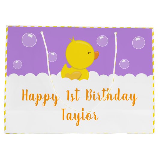 Rubber Ducky Yellow en Paars Happy Birthday Groot Cadeauzakje (Achterkant)