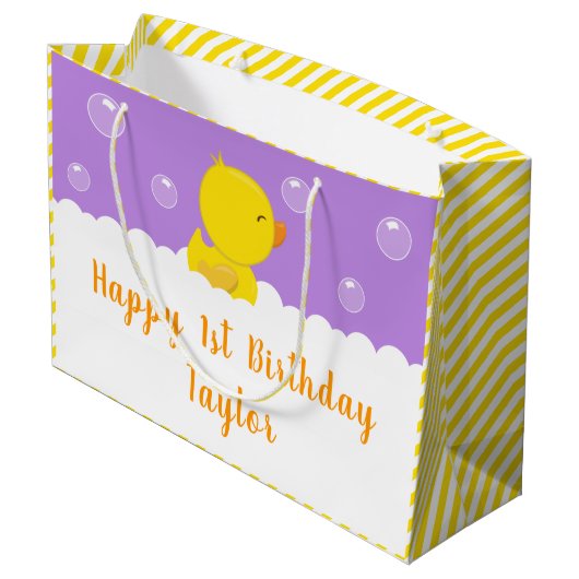 Rubber Ducky Yellow en Paars Happy Birthday Groot Cadeauzakje (Achterkant Gekanteld)