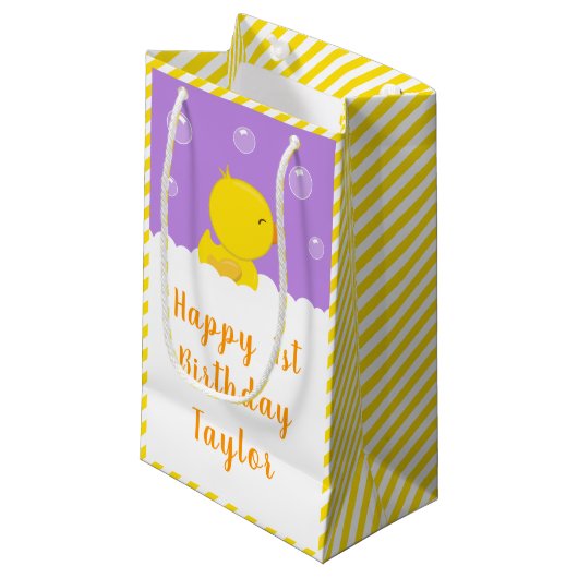 Rubber Ducky Yellow en Paars Happy Birthday Klein Cadeauzakje (Voorkant Gekanteld)
