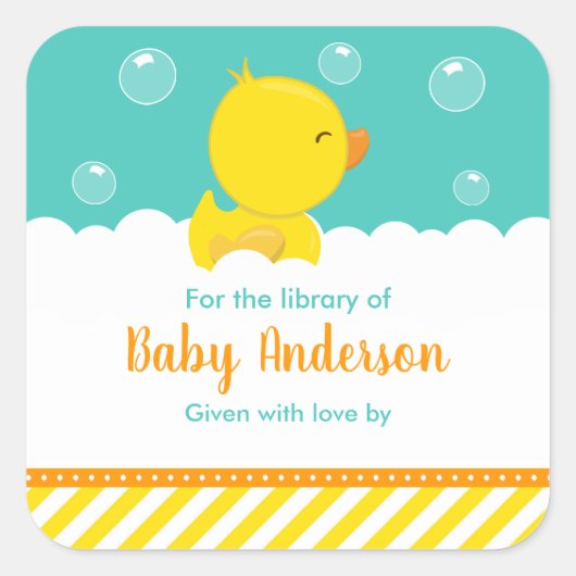 Rubber Ducky Yellow Green Baby Library Bookplaat Vierkante Sticker (Voorkant)