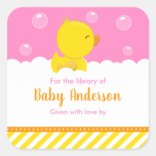 Rubber Ducky Yellow Pink Baby Library Bookplaat Vierkante Sticker (Voorkant)