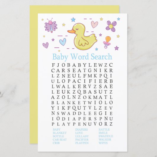 Rubber eend Baby Shower Woordzoekspel Game (Voorkant / Achterkant)