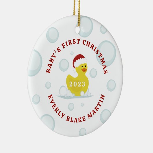 Rubber eend baby's eerste kerst bubbels foto keramisch ornament (Rechts)