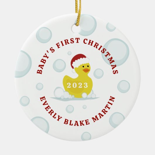 Rubber eend baby's eerste kerst bubbels foto keramisch ornament (Voorkant)