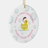 Rubber eend baby's eerste kerst bubbels roze keramisch ornament (Rechts)