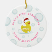 Rubber eend baby's eerste kerst bubbels roze keramisch ornament (Voorkant)