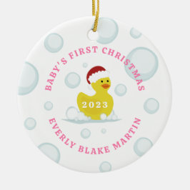 Rubber eend baby's eerste kerst bubbels roze keramisch ornament