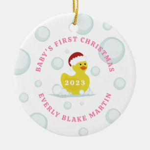 Rubber eend baby's eerste kerst bubbels roze keramisch ornament