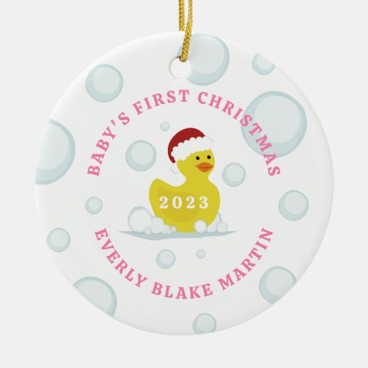 Rubber eend baby's eerste kerst bubbels roze keramisch ornament (Voorkant)