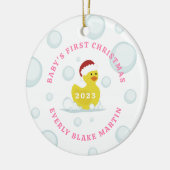 Rubber eend baby's eerste kerst bubbels roze keramisch ornament (Links)